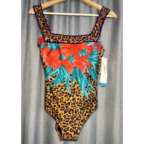 GOTTEX Leopard Print With Water Lily Floral 1 Piece Swimsuit NWT $178 - Picture 3 of 14